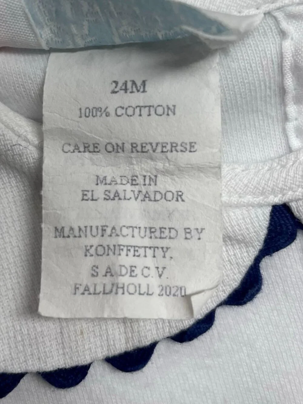 Girls White Peter Pan Collar shirt with Navy Ric Rac Trim - Sz 24 mo.